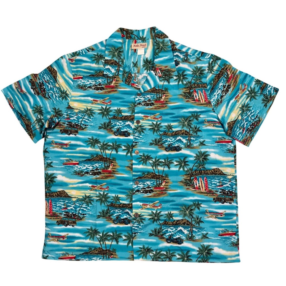 Koko Head Hawaii‎ Mens XL Blue Tropical Scenic Aloha Camp Shirt Surf Plane Moto